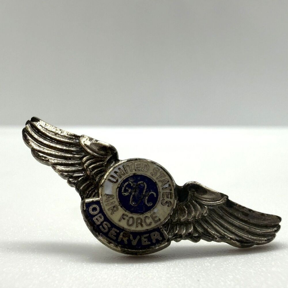 Vintage USAF Ground Observer Corps Blue Enamel Silver Tone Wing Pin Insignia